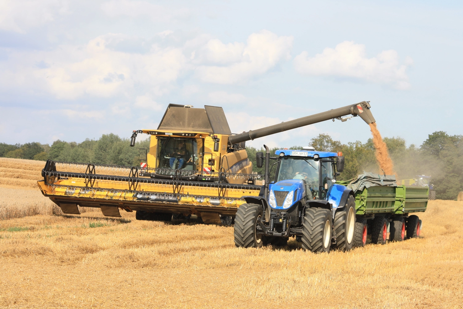 NM- Nerchau-Mutzschener - Landwirtschaft - Ein gelber Mähdrescher belädt einen grünen Getreideanhänger, der von einem blauen Traktor gezogen wird, auf einem abgeernteten Feld.
